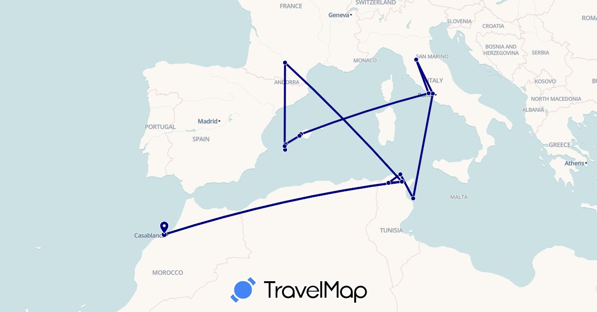 TravelMap itinerary: driving in Spain, France, Italy, Morocco, Tunisia (Africa, Europe)
