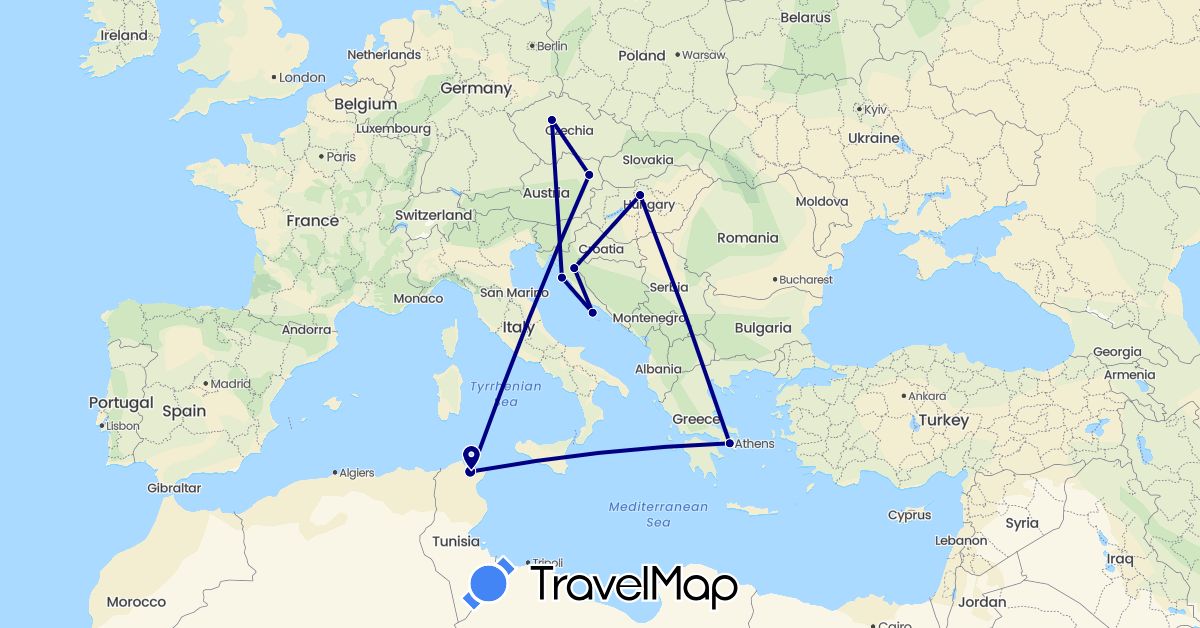 TravelMap itinerary: driving in Austria, Czech Republic, Greece, Croatia, Hungary, Tunisia (Africa, Europe)